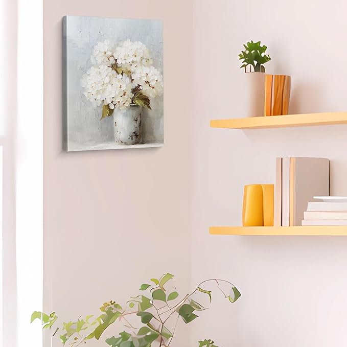 Vintage White Hydrangea Canvas Wall Art Rustic Neutral Floral Print Painting Cottagecore Wall Decor for Home Farmhouse Living Room 8x10 Inches Framed