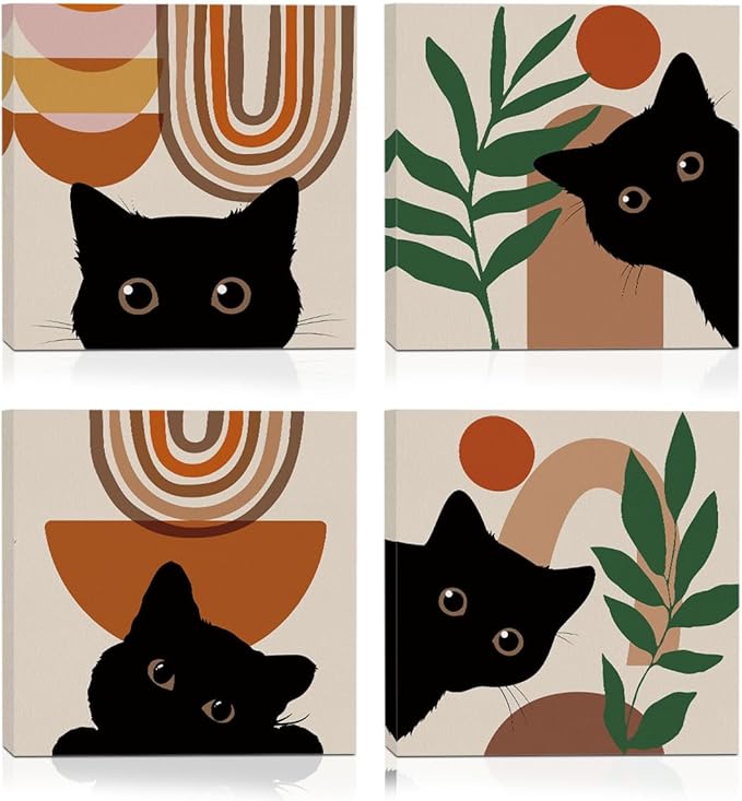 4 PCs Boho Cat Canvas Wall Art Framed Wall Decor, Botanical Wall Decor Bohemian Decor, Cat Lover Gifts, Cat Themed Gifts Art Prints Paintings, Cat Pictures Home Decor for Kitchen Bedroom Farmhouse