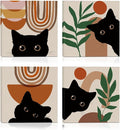 4 PCs Boho Cat Canvas Wall Art Framed Wall Decor, Botanical Wall Decor Bohemian Decor, Cat Lover Gifts, Cat Themed Gifts Art Prints Paintings, Cat Pictures Home Decor for Kitchen Bedroom Farmhouse