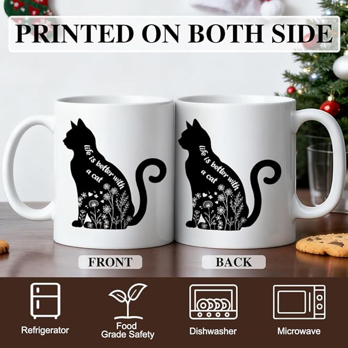 Life Is Better With A Cat Ceramic Coffee Mug for Women Men, Funny 11oz Floral Black Cat Mug for Cats Dad Mom, Cats Lover Gifts, Novelty Mothers Day Christmas Birthday Gifts
