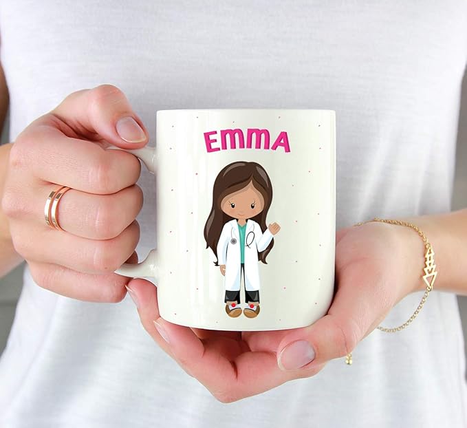 Andaz Press Personalized 11oz. Kids Milk Hot Chocolate Mug, Brown Haired Girl Doctor, 1-Pack, Custom Child’s Birthday Christmas Coffee Cup