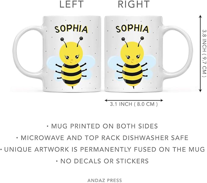 Andaz Press Personalized 11oz. Kids Milk Hot Chocolate Mug, Busy Bee Posture 1, 1-Pack, Custom Child’s Birthday Christmas Coffee Cup