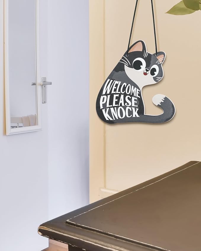 Putuo Decor Do Not Disturb Sign Welcome Please Knock, Cute Cat Door Sign Decor Reversible Double Sided Aesthetic Hanger Plaque for Room Front Door Porch Home Decor, Cat Lover Gifts Grey