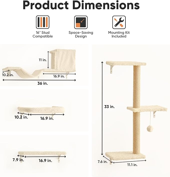 FUKUMARU Cat Wall Shelves, Stable & Safe 4 in 1 Cat Walls Furniture Set, Wooden Kitten Climbing Wall with Scratching Post for 16 Inch Drywall - Beige