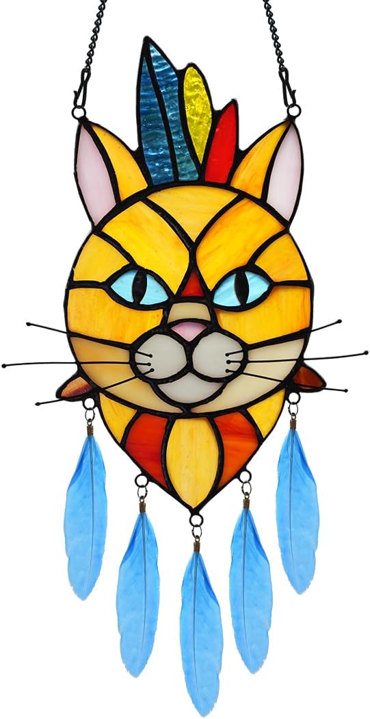 BOXCASA Orange Cat Decor: Stained Glass Window Hangings and Suncatcher - Indian Feathers Decoration for Cat Lovers