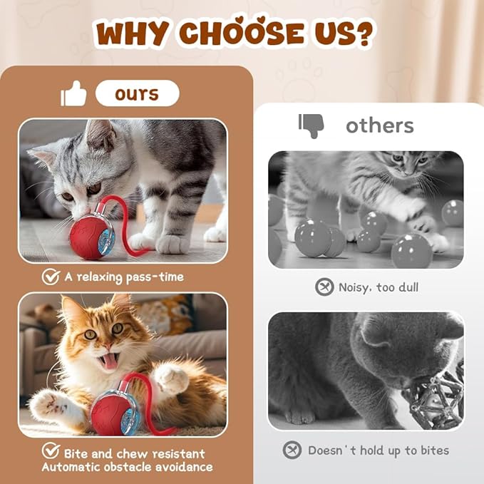 Interactive Cat Toy Ball, 2025 New Upgraded Automatic Rolling Pet Ball with Rope, Smart Cat Toys for Bored Indoor Adult Cats with Three Modes Adjustment (Yellow)