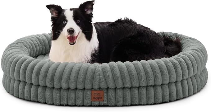 ChiXnuggle XL Dog Bed - Luxury Striped Faux Fur Waterproof Pet Couch with Removable Washable Cover, Orthopedic Dog Bed with Bolster Sides for Sleeping, Grey