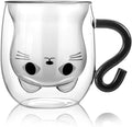 Cute Cat Double Wall Glass Mug, Black Cat 100% Borosilicate Thick Glass with Handle, Heat Resistance