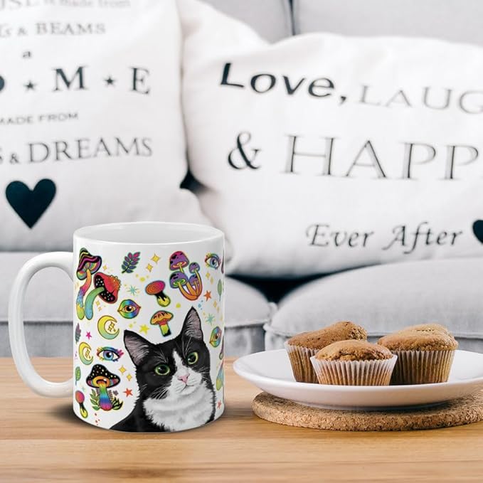MUGBREW Cute Black White Tuxedo Cat On Rainbow Mushrooms Ceramic Coffee Mug Tea Cup, 11 OZ