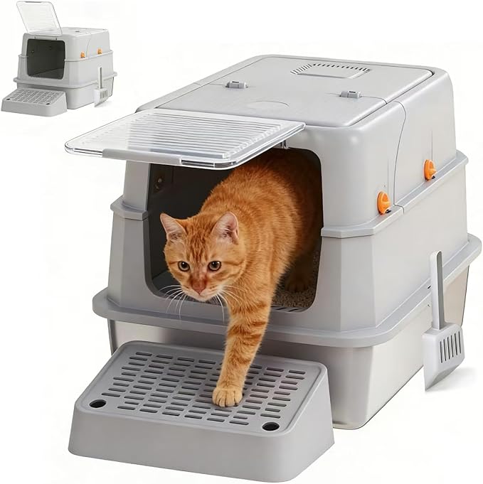 Stainless Steel Cat Litter Box - Gray High-Sided Enclosed Design, Anti-Leak, Reduces-Odors, Non-Sticky, Easy to Clean, Metal Cat Litter Box, High Side Includes Scoop and Steps, Large Capacity