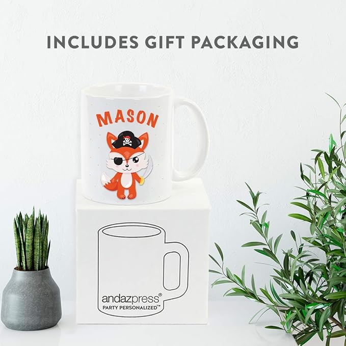Andaz Press Personalized 11oz. Kids Milk Hot Chocolate Mug, Fox with Pirate Black Hat, 1-Pack, Custom Child’s Birthday Christmas Coffee Cup