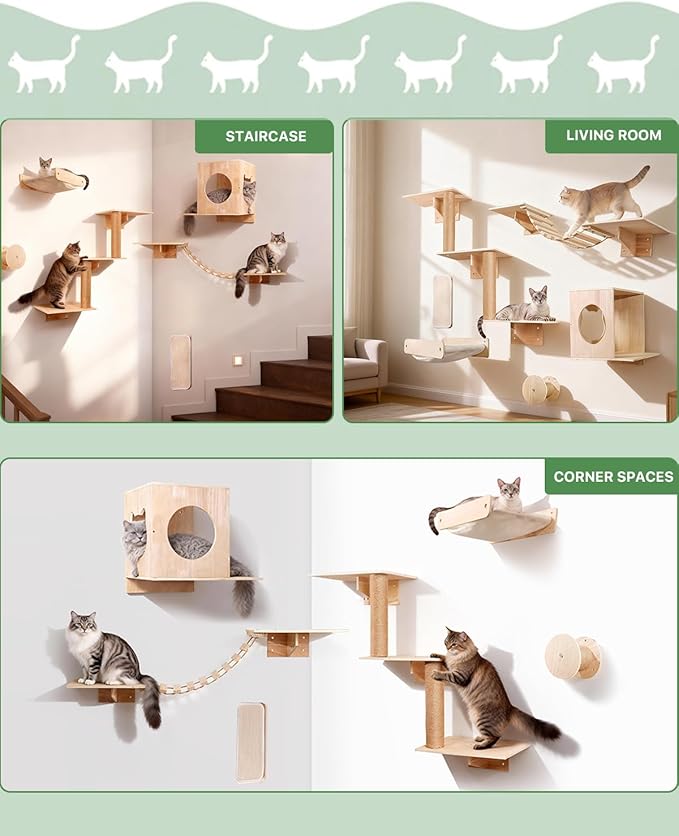 6 in 1 Cat Wall Shelves, Cat Wall Furniture with Cat Bridge, Wall Condo, Hammock, Steps, Climbing Post & Scratching Pad Space-Saving Indoor Cat Shelves for Play & Rest, up to 33 lbs
