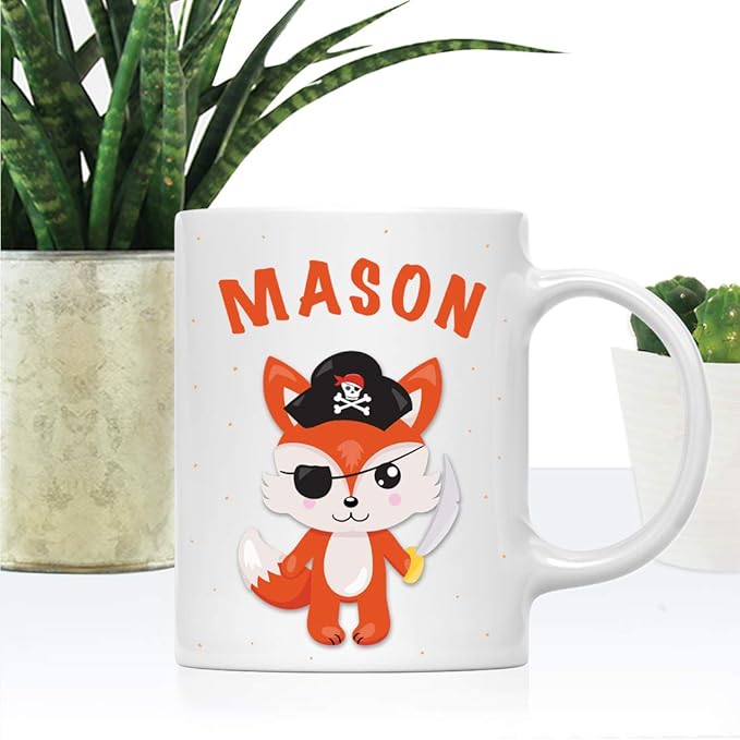 Andaz Press Personalized 11oz. Kids Milk Hot Chocolate Mug, Fox with Pirate Black Hat, 1-Pack, Custom Child’s Birthday Christmas Coffee Cup