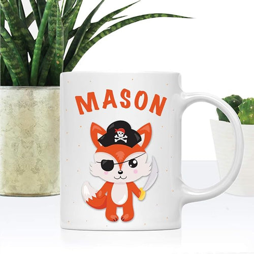 Andaz Press Personalized 11oz. Kids Milk Hot Chocolate Mug, Fox with Pirate Black Hat, 1-Pack, Custom Child’s Birthday Christmas Coffee Cup