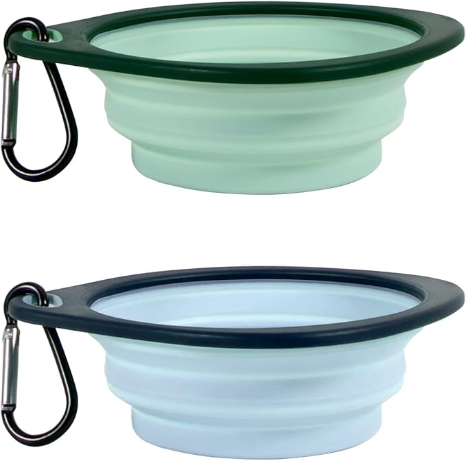 Reusable Pet Collapsible Bowls 2 Pack for Cats Dogs, Portable Pet Feeding Watering Dish with 2 Carabiners for Walking Parking Traveling Indoor， (Medium Blue+Green)