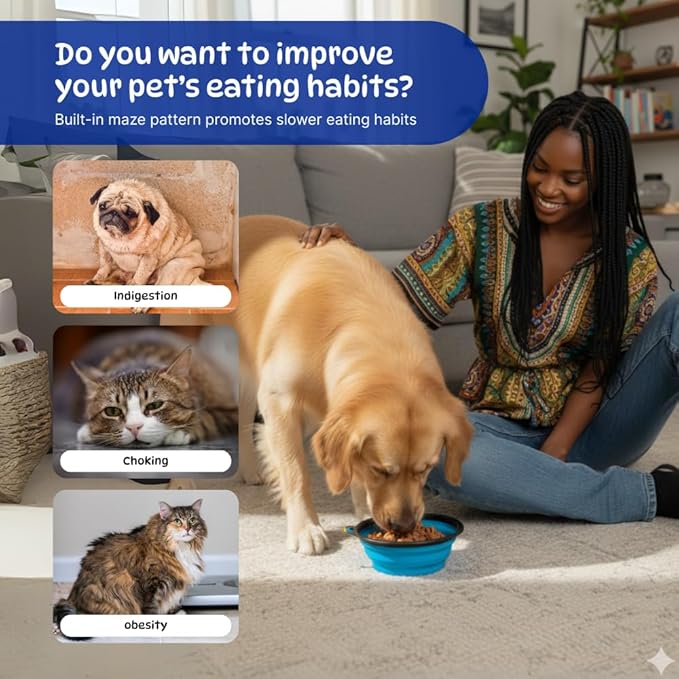 Collapsible Cat Bowl, Maze Design Pet Puzzle Feeder, 650ml Dog Slow Feeding Bowls, Dog Slow Feeding Bowl with Carabiner Portable BPA-Free Silicone Pet Bowls for Hiking,Travel,Camping - Colour Blue