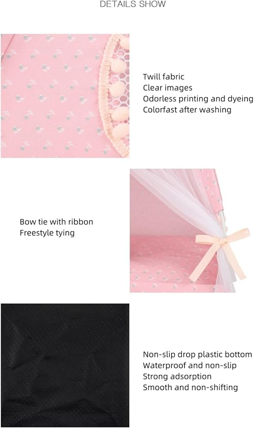 Selena Cat Bed Tents Dog House Indoor Outdoor Lace Mesh Breathable Windows Door Curtains Removable Portable Nest Teepe House (Large,Pink(Flower))