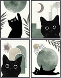 Black Cat Wall Art Prints - Boho Room Decor - Mid-century modern Scandinavian Wall Art - Abstract Minimalist Decor Aesthetic - Cute Cat Green Wall Decor - Cat Lover Gifts for Women, Home Decor Set