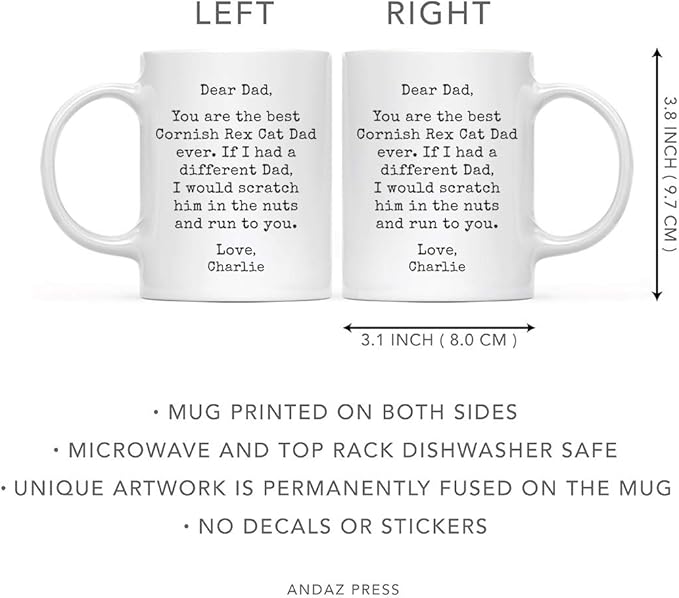 Andaz Press Personalized Funny Dad 11oz. Coffee Mug Gag Gift, Best Cornish Rex Cat Dad, Scratch in Nuts and Run to You, 1-Pack, Custom Cat Lover's Christmas Birthday Ideas, Includes Gift Box