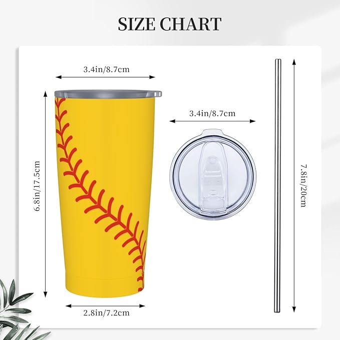 Baseball Tumbler 20oz Baseball Stainless Steel Insulated Tumblers with Lid and Straw Yellow Travel Coffee Mug Tea Wine Cups Water Bottle Holiday Gifts for Women Baseball Lover