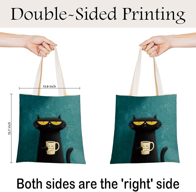 Funny Black Cat Coffee Canvas Tote Bag for Women, Grumpy Cat Lover Gift Reusable Grocery Shopping Shoulder Bag, Aesthetic Black Cats Tote for Work Beach Gym