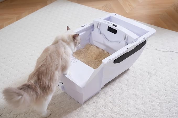 Smart Cat Litter Box Cat Litter Box Wide Opening with Hood Automatic Self-Cleaning WiFi App Control LED Display Extra Large for Cats Up to 90 lbs Cream White