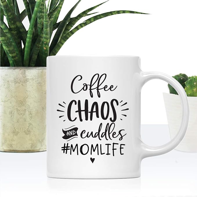 Andaz Press Mother's Day 11oz. Ceramic Coffee Tea Mug Gift for Mom, Coffee Chaos & Cuddles #MomLife, 1-Pack, Birthday Christmas Gift Ideas