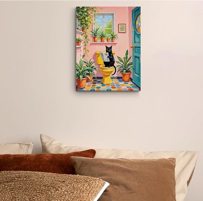 Funny Cat on Toilet Wall Art, Cat Lover Gifts, Cute Animal Theme Vintage Botanical Framed Canvas Prints Room Decor, Pink Painting for Living Room Bathroom Bedroom Decoration 15x11.4 inch