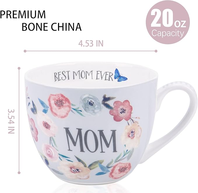 Best Mom Ever Coffee Mug - 20oz Bone China Hug Mug with Floral Design, Thoughtful Mother's Day or Birthday Gifts for Women, Designed in England by Harvest Green Studio