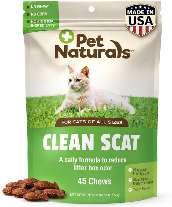 Pet Naturals Clean Scat for Cats – 45 Bite-Sized Chews, Litter Box Odor Control & Intestinal Cat Support Supplement with Spirulina, Yucca & Champignon Extract for Stool Odor Balance, Chicken Flavor