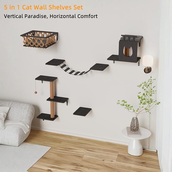 Cat Wall Shelves 5-Piece Set with Hammock, Wall-Mounted Cat Furniture Includes Cat Bridge, Condo, Ladder, Steps for Indoor Cats, Large Cats(Dark Gray)