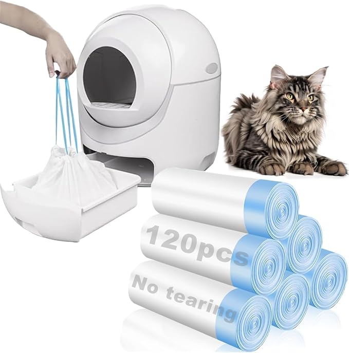 120 Pack Cat Litter Bags with Drawstring, Compatible with Litter Box Robot 3 & 4, 25x15.7 inch Self Cleaning Cat Litter Box Liners, 10-12 Gallons