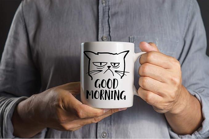 CBTwear Good Morning Funny Grumpy Cat 11oz White Ceramic Coffee Mug - Cute Unique Cat Mom Gifts for Birthdays, Anniversaries, or Any Occasion