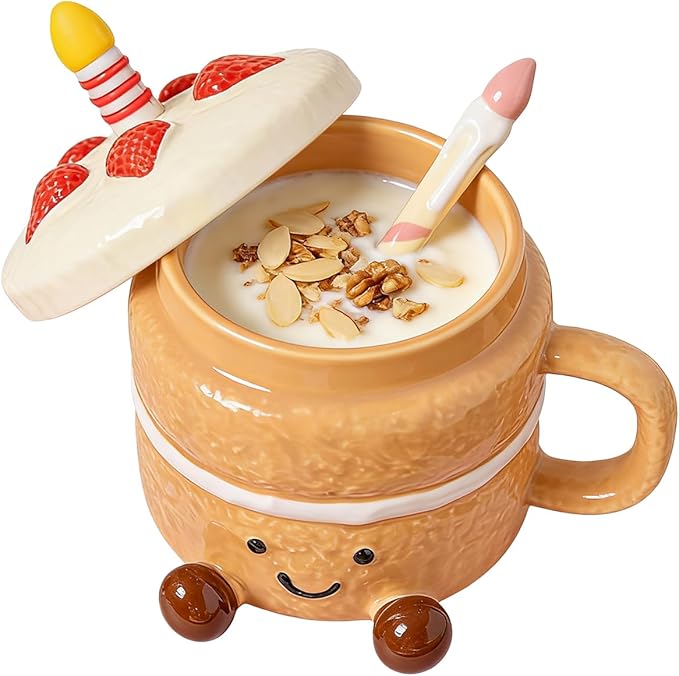 Adorable Cake Ceramic Coffee Mug, 400ml Cute funny Mug For Women, Cake Shaped Aesthetic Mugs Tea Cup with Lid Spoon for Birthday Valentines Day Home Office School