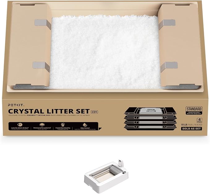PETKIT Crystal Cat Litter with Tray, Suitable for Purobot Crystal Duo Automatic Litter Box, Dust-Free Mess-Free No Refilling, Odor Control (White-Original Unscented, 4.5 lb×4 Packs)