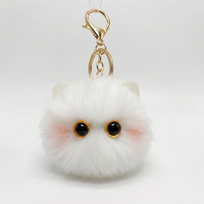Cute White Cat Plush Keychain - Kawaii Snow Cat Pom Pom Bag Charm, Soft Keychain for Backpack Purse, Birthday Gift for Women Girls