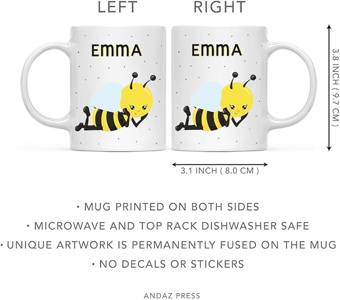 Andaz Press Personalized 11oz. Kids Milk Hot Chocolate Mug, Busy Bee Posture 4, 1-Pack, Custom Child’s Birthday Christmas Coffee Cup