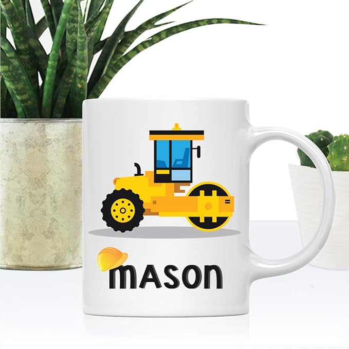 Andaz Press Personalized 11oz. Kids Hot Chocolate Mug, Yellow Construction Truck Road Roller, 1-Pack, Custom Child’s Birthday Christmas Coffee Cup
