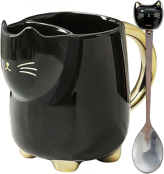 Yuwu 17oz Cat Mug with Tea Bag Holder & Spoon – Cute Ceramic kitty Coffee Cup Gift for Cat Lovers, Women, Girls – Tea Mug for Birthday, Christmas, Valentine’s Day(black)