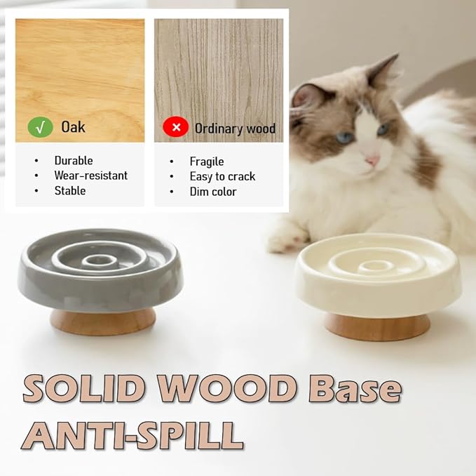 Ceramic Cat Slow Feeder, Raised Slow Feeder Cat Bowl, Anti Vomiting and Whisker Friendly Kitty Dish, Elevated Puppy Kitten Food Bowl for Dry and Wet Food (White)