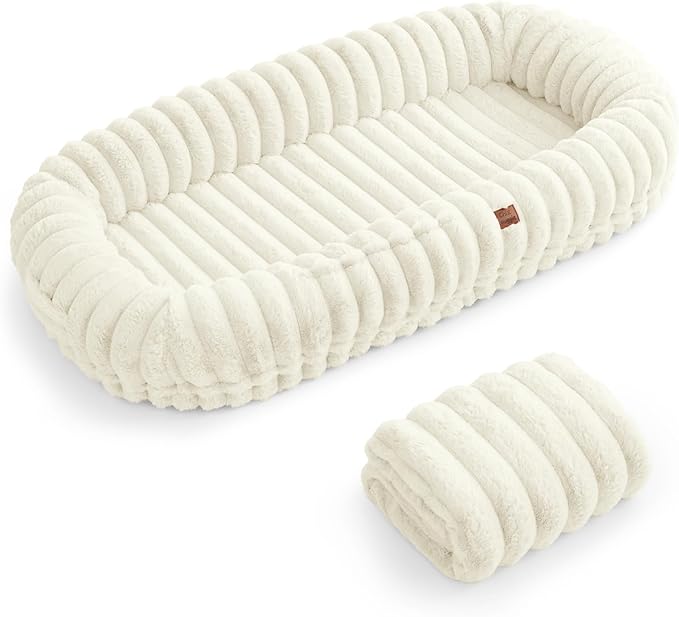 ChiXnuggle Human Dog Bed for Adult - Luxury Striped Faux Fur Giant Dog Bed with Portable Handle, Egg Orthopedic Foam Pad with Thick Blanket, 72"x40"x10", Cream