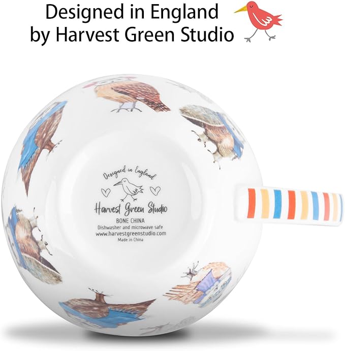 Cute Autumn Owls Coffee Mug, 20 oz Bone China Mugs with Charming Owls in Color Scarves and Hats, Perfect Brithday and Christmas Gift for Bird Enthusiasts, Designed in England by Harvest Green Studio