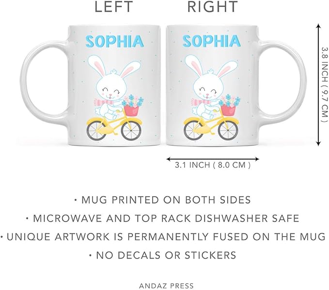 Andaz Press Personalized 11oz. Kids Milk Hot Chocolate Mug, Rabbit Yellow Bicycle, 1-Pack, Custom Child’s Birthday Christmas Coffee Cup