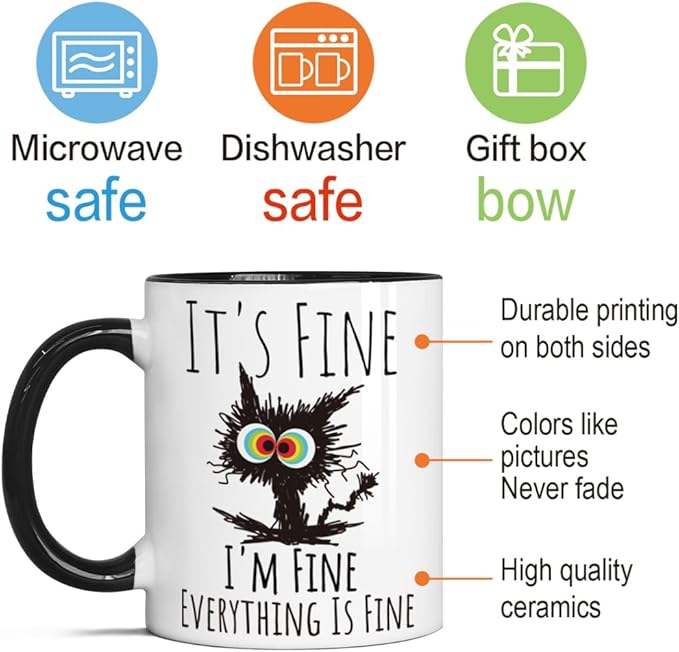 FALJIOK I'm Fine Everything is Fine Coffee Mug 11oz Funny Sarcastic Cat Mug Gifts for Cats Lover Novelty Coffee Mug Gifts for Cat Lover Women Mother's Day Gift for Cats Mom