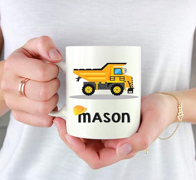 Andaz Press Personalized 11oz. Kids Hot Chocolate Mug, Yellow Construction Truck Dump Truck, 1-Pack, Custom Child’s Birthday Christmas Coffee Cup
