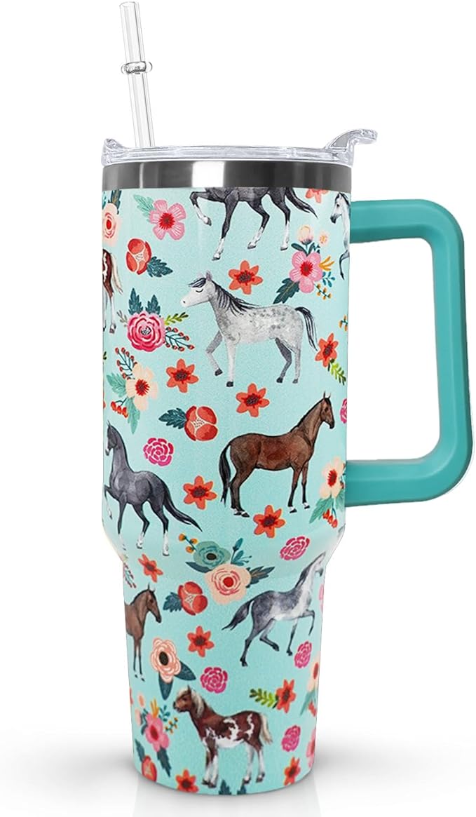 Ceovfoi 40 Oz Horse Tumbler With Handle, Coffee Travel Mug Cup Water Bottle, Horse Decor, Gifts for Women
