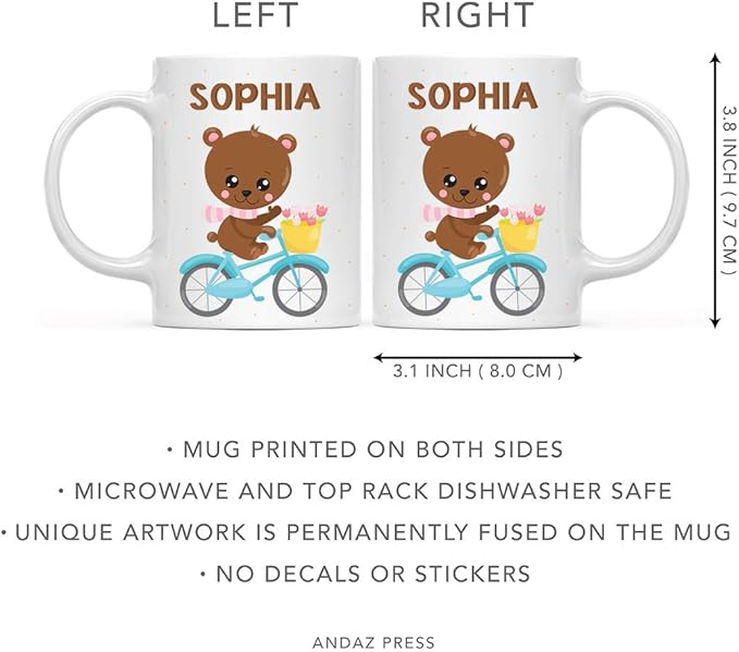 Andaz Press Personalized 11oz. Kids Milk Hot Chocolate Mug, Bear Blue Bicycle, 1-Pack, Custom Child’s Birthday Christmas Coffee Cup