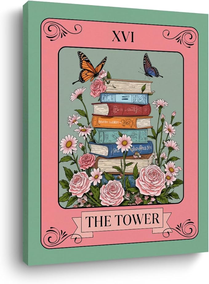 Stack of Books Wall Art, Book Lovers Gifts, Vintage Prints Flower Canvas Framed Painting for Room Decor, Butterflies Prints for Living Room Entryway Bedroom Book Shelf Office 15x11.4 inch