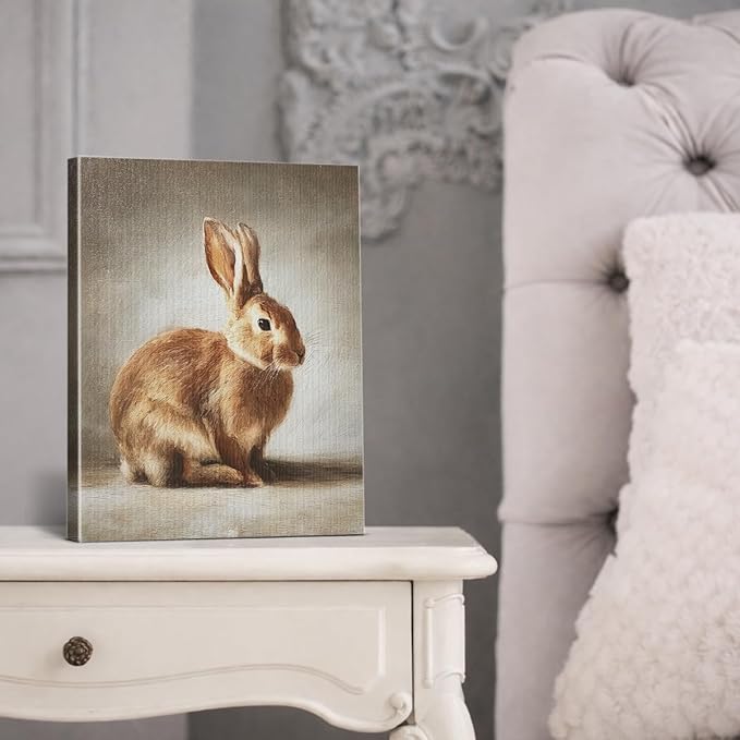 Vintage Rabbit Bunny Wall Art Decor Cute Bunny Print Picture Cottagecore Animal Wall Decor for Home Farmhouse Living Room 8x10 Inch Canvas Framed