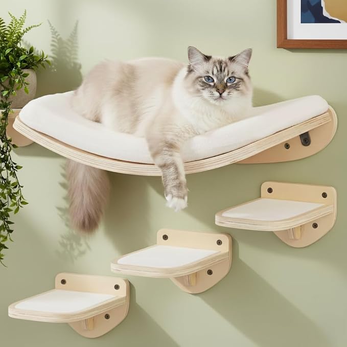 Cat Wall Shelves, Natural Finish – Floating Cat Furniture with Curved Bed & Steps | Modern Minimalist Wood Climbing Shelves Set of 4 for Indoor Cats, Sturdy Wall-Mounted Design